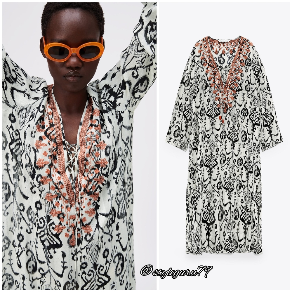 NWT, ZARA, EMBROIDERED TUNIC CAFTAN V NECK DRESS - Picture 2 of 5